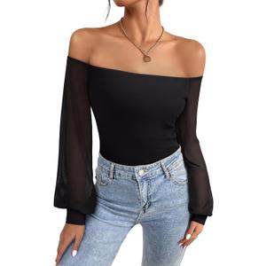 REORIA Womens Off The Shoulder Sheer Mesh Puff Long Sleeve Thong Bodysuit Tops (Medium, Black)