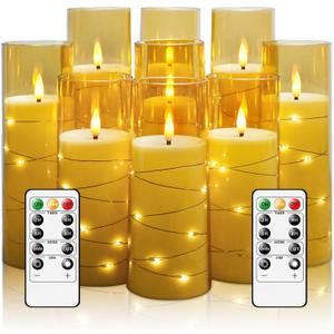 Flameless LED Candles with Timer 9 Pc Flickering Flameless Candles for Romantic Ambiance and Home Decoration Stable Acrylic Shell,with Embedded Star StringBattery Operated CandlesGold