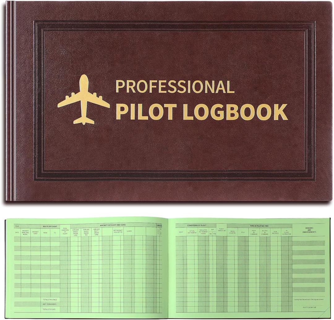 Gilprop 1 Pack Professional Pilot Logbook 128 Sheets Flight Logbook Brown Leather Hardcover Large Aircraft Record Book Aviation Gifts and Gear for Students Pilot