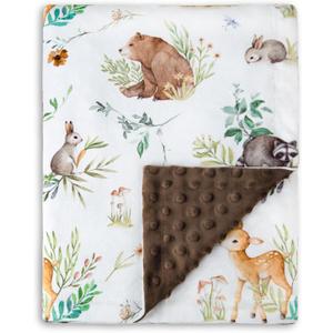 HOMRITAR Baby Blanket for Boys Girls Soft Plush Minky Blanket with Double Layer Dotted Backing for Toddler Nursery with Woodland Animals Printed 30 x 40 Inch (75 x 100 cm) (Bear)