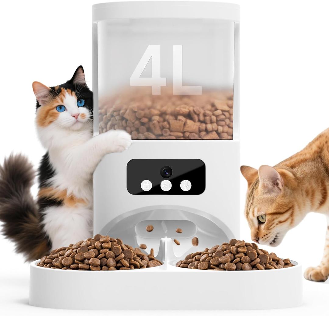 Automatic Cat Feeder with Camera for 2 Cats,1080P HD Video Night Vision Pet Feeder Food Dispenser, 5G&2.4GHz WiFi Pet Feeder with 2 Way Audio,Smart App Control 4L Pet Dry Food Dispenser for Cat/Dogs