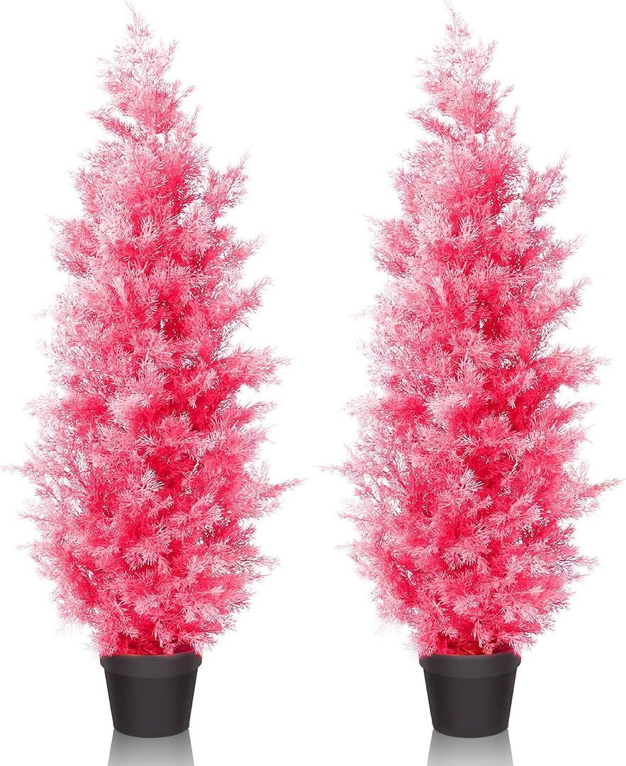 Artificial Cedar Tree 2Pack 4ft Outdoor Artificial Topiary Cedar Plants Fake Tree UV Rated Potted Plants for Porch Decor Faux Pine Tree for Perfect Housewarming GiftPink