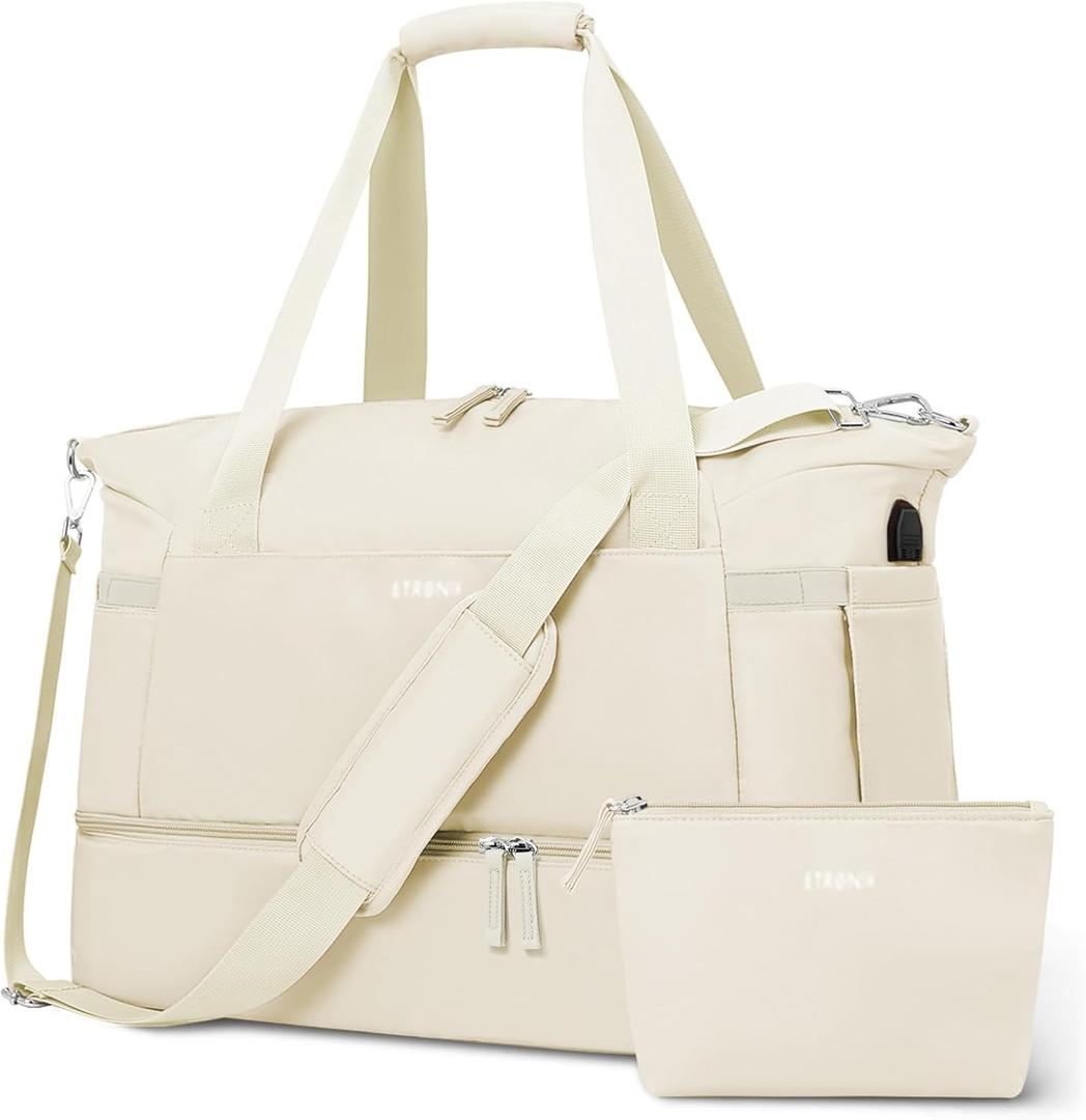 ETRONIK Gym Bag for Women, Personal Item Travel Bag with Shoes Compartment, Weekender Overnight Duffel Bag with Wet Pocket & USB Charging Port, Carry On Bag for Women, Travel, Gym, Weekend (Beige) (Medium)