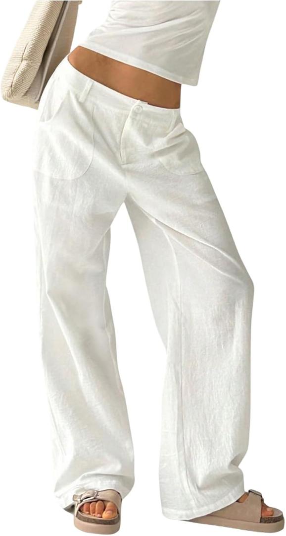 Verdusa Women's Ultra Low Waist Straight Leg Pants Casual Loose Trousers with Pockets (White, L)