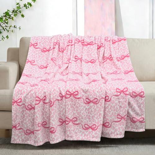 VigorSpring Pink Bow Blanket for Girls and Women 50x60 Inch, Leopard Background Printed, Super Soft Twin Throw Blanket, Coquette Aesthetic Home Decor for Bed, Couch, Chair, Preppy Bedroom or Gift