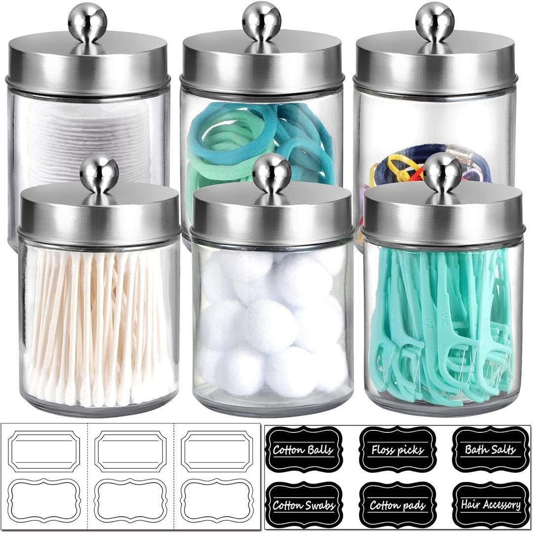 Amolliar 6Pc Apothecary Jars Bathroom Vanity Organizer- Rustic Farmhouse Decor Storage Canister&Stainless Steel Lids- Qtip Dispenser for Q-Tips,Cotton Swabs,Rounds,Ball,Flossers (Brushed Nickel)