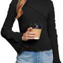 BesserBay Kids Fall Long Bell Sleeve Mock Neck Lettuce Trim Shirts Y2k Inspired Fashion Slim Fit Black Tops 13-14 Years XXL 