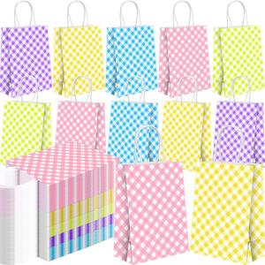 Yeaqee 100 Pcs Pastel Paper Bags Easter gift Goodies Bags Bulk Plaid Pastel Party Favors with Handle Easter Treat Wrapping for holiday Party Favor Supplies