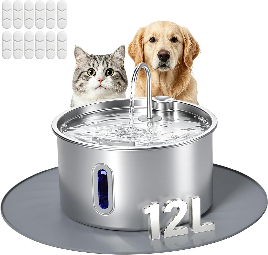 Stainless Steel Dog Water Fountain 12L/3.17Gal 12 Pack Filter