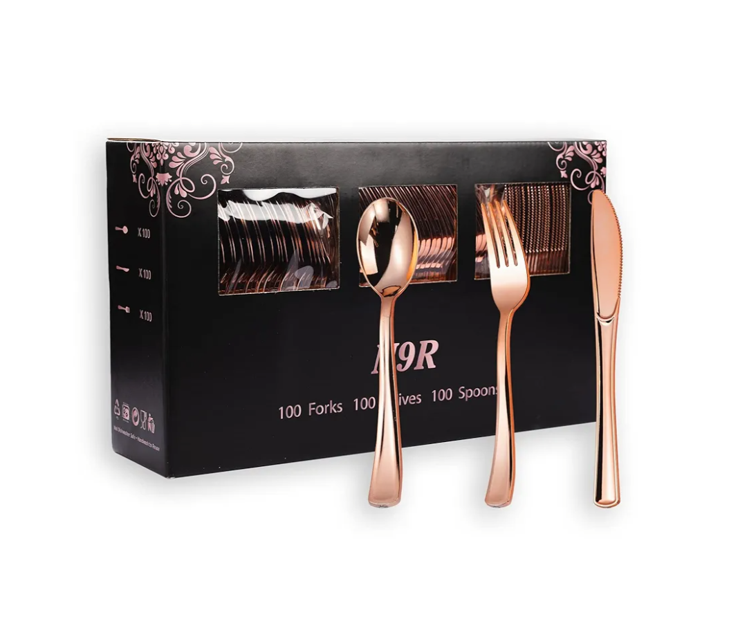 N9R 300PCS Rose Gold Plastic Silverware, Heavy Duty Plastic Cutlery Set, Disposable Rose Gold Utensils Include 100 Forks, 100 Spoons, 100 Knives, Perfect for Party Decorations