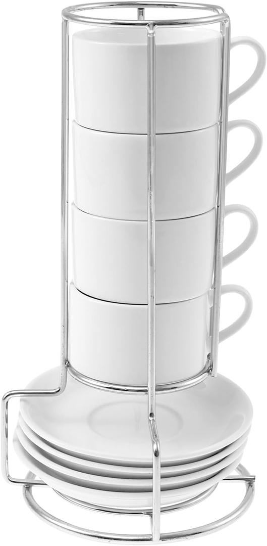 4 Pcs Ceramic Cappuccino Cup with Saucers and Metal Stand, Stackable Espresso Cup for Espresso Specialty Coffee Drinks Latte Americano and Tea(white,1)