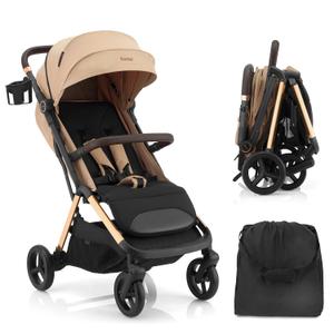 Gromast 2 in 1 Baby Stroller, Portable Travel Newborn Toddler Stroller with Cup Holder & UPF 50+ Canopy, One-Hand Automatic Folding - Khaki