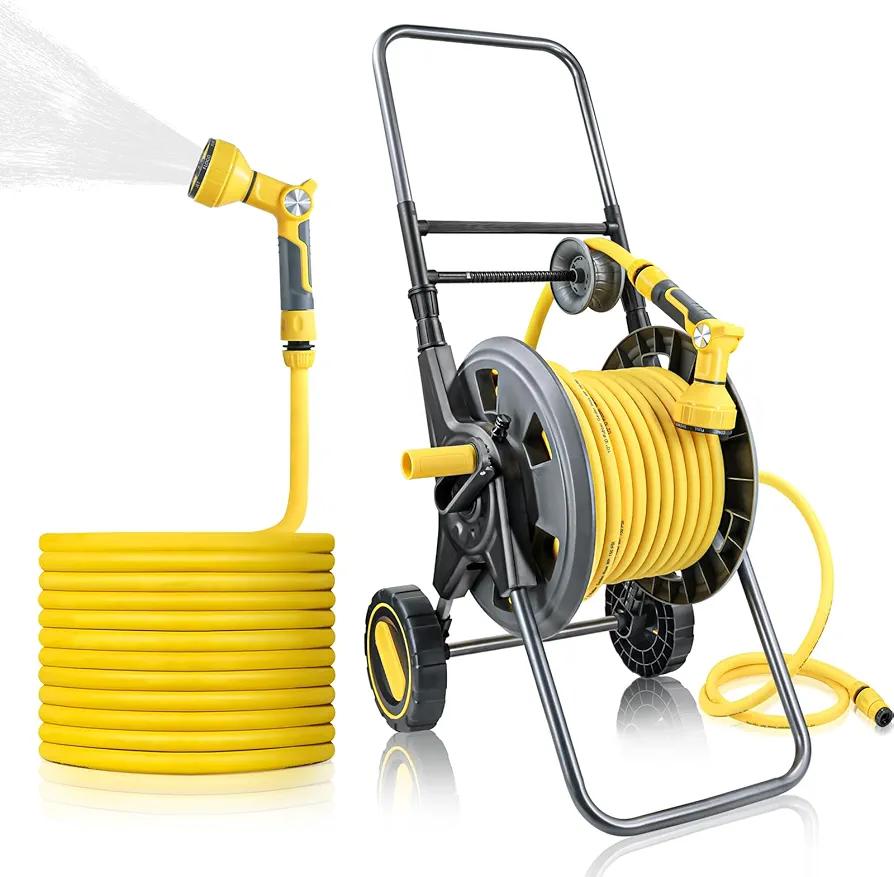Jardineer Hose Reel Cart with Wheels, Include 100FT Water Hose and Sprayer Nozzle, Portable Garden Hose Set for Watering Flowers, Cleaning Floors, Washing Cars Outside