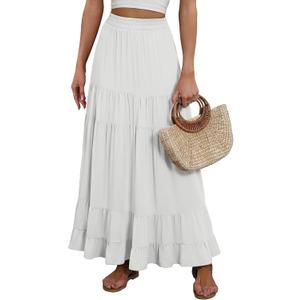 ANRABESS Womens Maxi Skirt Elastic High Waist Swing Tiered A-line Flowy Pleated Boho Beach Vacation Long Skirts White Small