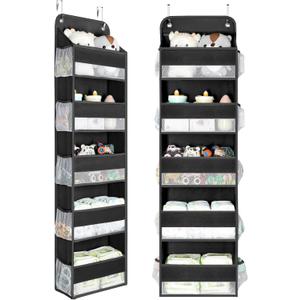 Yecaye 2 Pc Over the Door Organizer with 5 Bins 10 Side Pockets, 44lbs Load Hanging Bathroom and Bedroom Organizer, behind the Door Hanging Organizers for Nursery Newborn Baby Essential Stuff Black