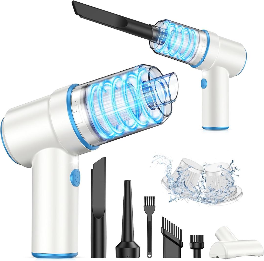 KMM Handheld Car Vacuum Cleaner, 9000PA Vacuum Cleaner & Air Duster, 120W High Power Vacuum Portable Cordless, Hand Held Vacuum Rechargeable with Multi-Nozzles & LED Light for Home, Car, Office (White & Blue)