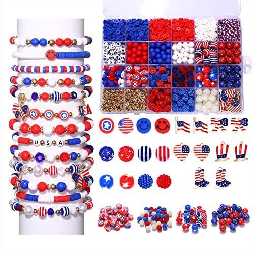 1461Pcs 4th of July Patriotic Beads for Jewelry Making Independence Day Red White Blue Heishi Stars USA Letter Beads with America Flag Heart Hat Pendant Accessories for DIY Bracelets Making Kit White Red Blue