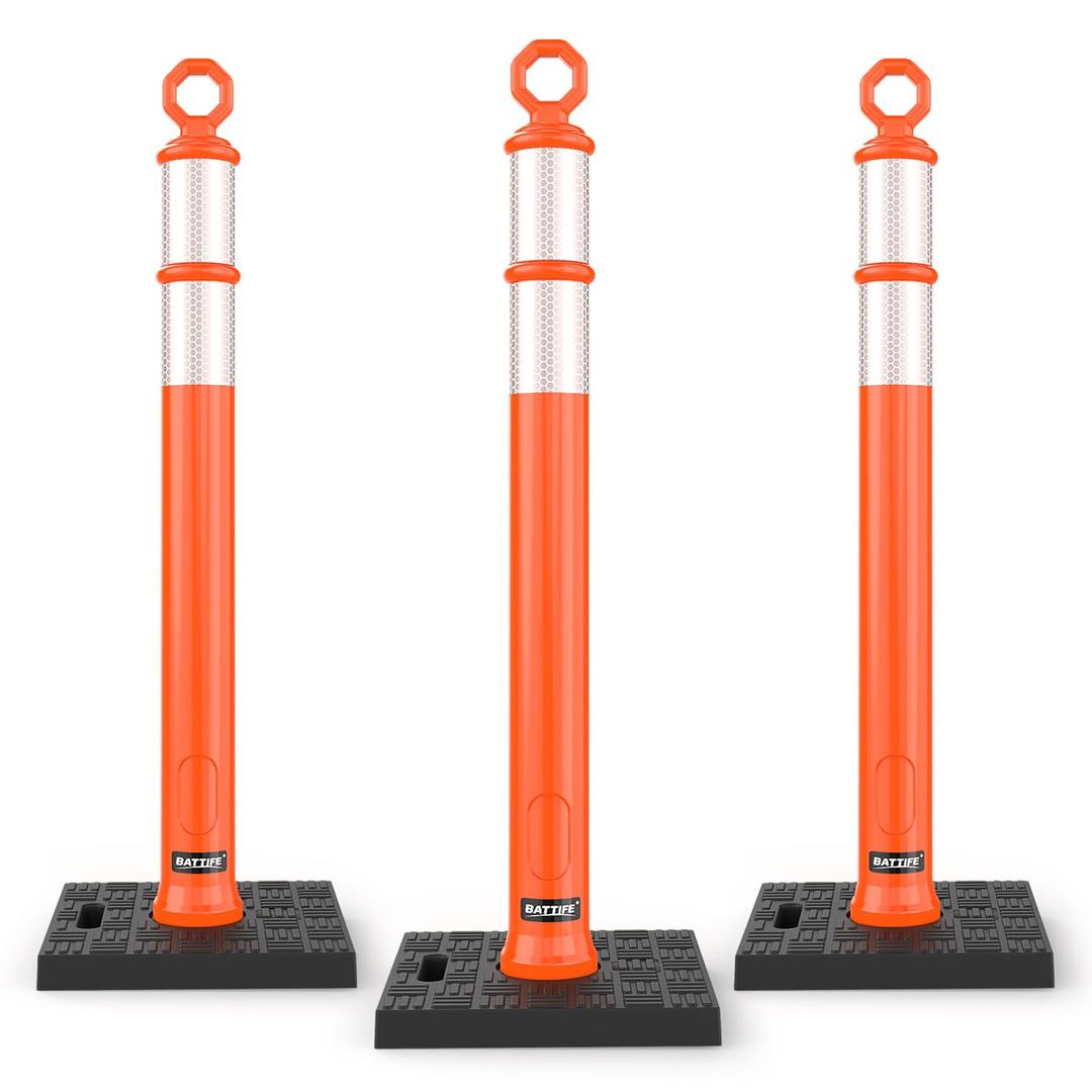 BATTIFE 3 Pack 42 Inch Orange Traffic Delineator Posts with Reflective Collars and Base, Safety Cones for Construction Zones and Driving Practice