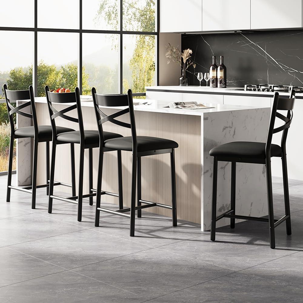 GarveeHome Bar Stools Set of 4, 26 inches Height Bar Stools with Back & Thick Cushion,Upholstered Counter Height Bar Stools with Footrest for Kitchen Island,Black
