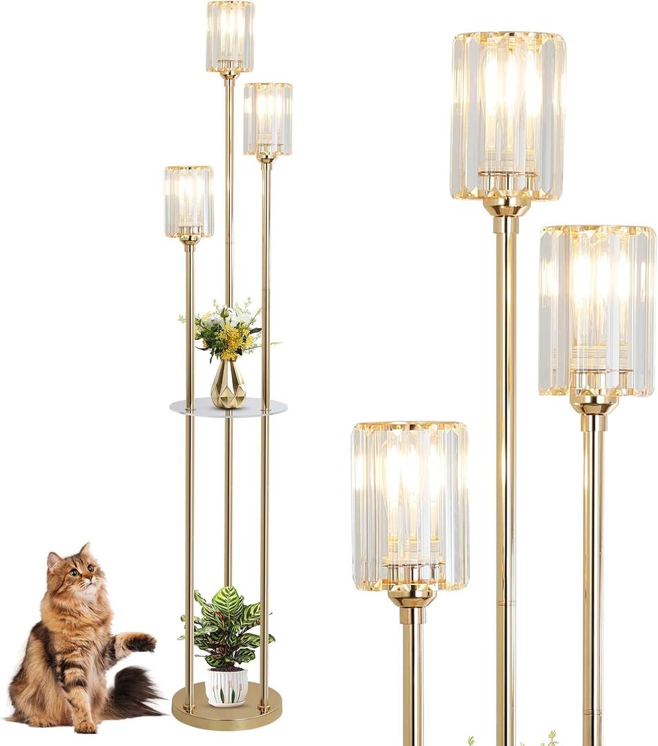 HMVPL Gold Floor Lamps for Living Room, Modern Floor Lamp with Shelves, Crystal Standing Lamps with Table, Brass Tall Lamp with Crystal Shade, On/Off Switch, Mid Century Corner Floor Lamp for Bedroom