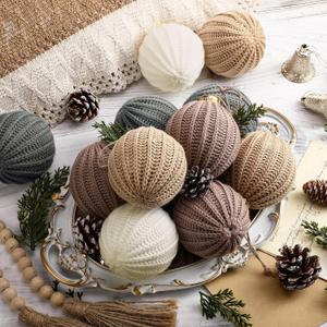 VioraWhite 12 Pcs Neutral Christmas Ornaments, 3.15 Inch Beige Green Crochet Christmas Balls Modern Rustic Handmade Knitted Woven Cotton Baubles for Xmas Tree Farmhouse Holiday Decor