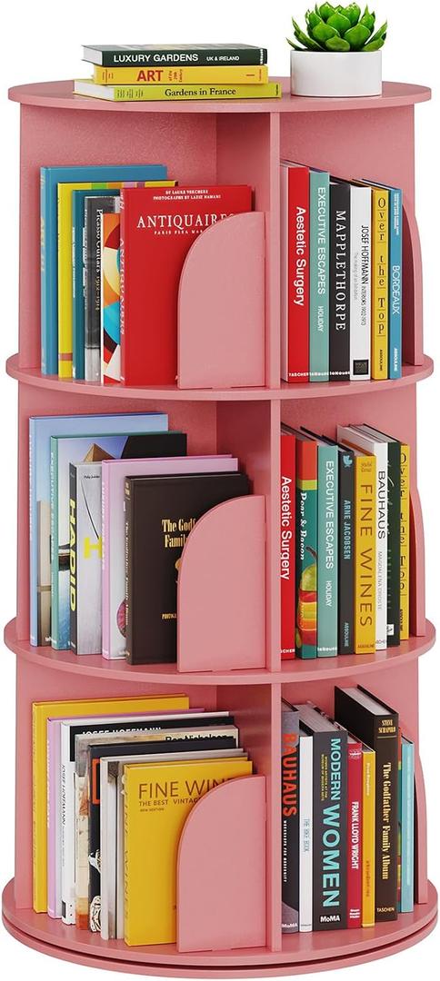 SpaceAid 3 Tier Rotating Bookshelf Tower, Spinning Bookcase Lazy Susan, Revolving 360 Book Shelf Storage Round Carousel, Vertical Rotate Turning Spiral Corner Organizer, Pink, 3 Tier, 37.8" H