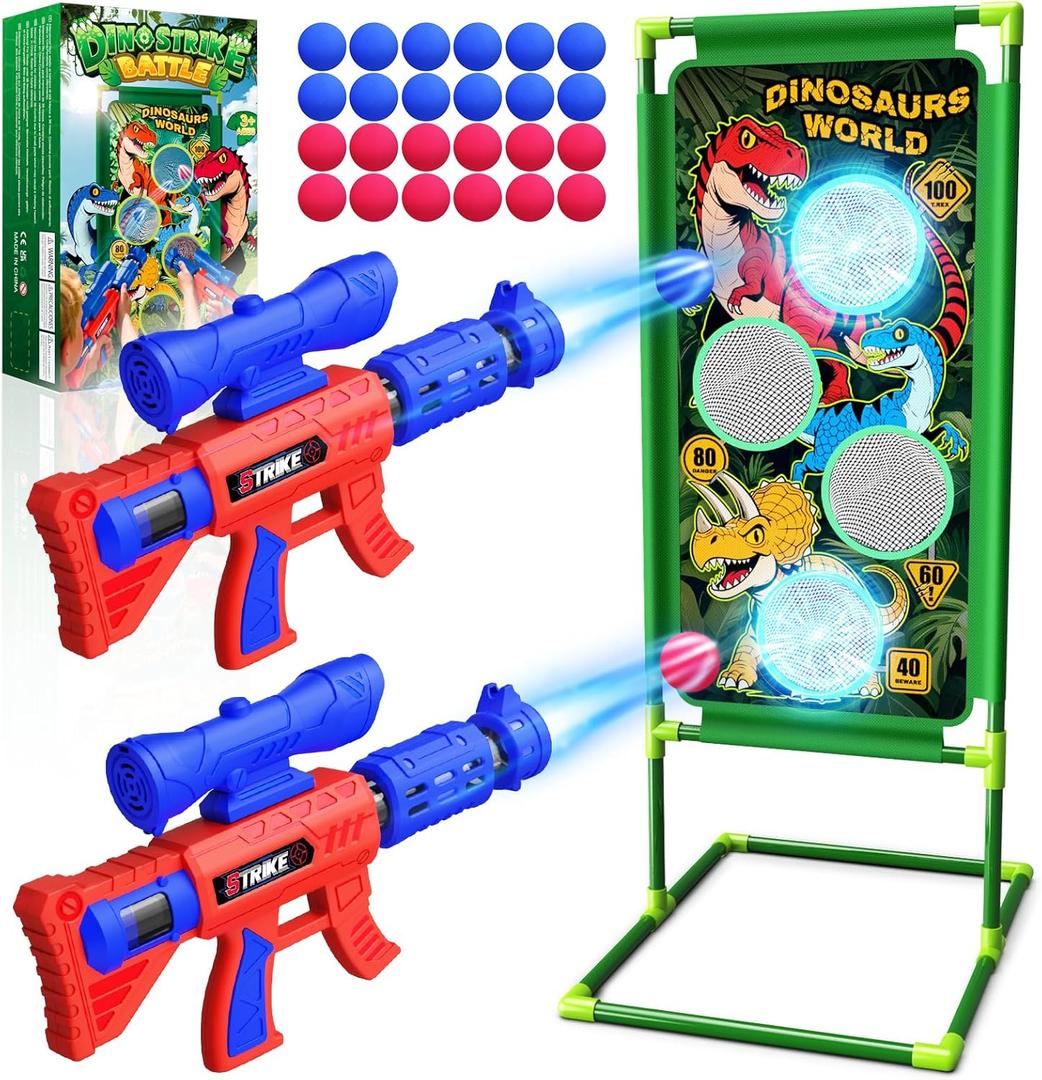 Dinosaur Shooting Game Toys, 2 Air Pump Launcher with Aiming Fun, 3 Dinosaur Theme & 4 Target Score Points, 24 Foam Balls, Indoor Outdoor Toy Gift for Kid Boy 3 4 5 6 7 8 9 10 11 12 Year Old Age 3-12