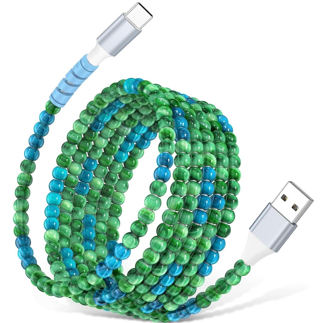 USB A to USB C Cable 6FT,Beaded Charger Cord for iPhone 17 16 Pro Max 17e 15 Car play,Cute Type C Car Charger Charging Cord for iPad 10 11th A16/Samsung S26 S25 S24/Android Phone Girls Women,BlueGreen