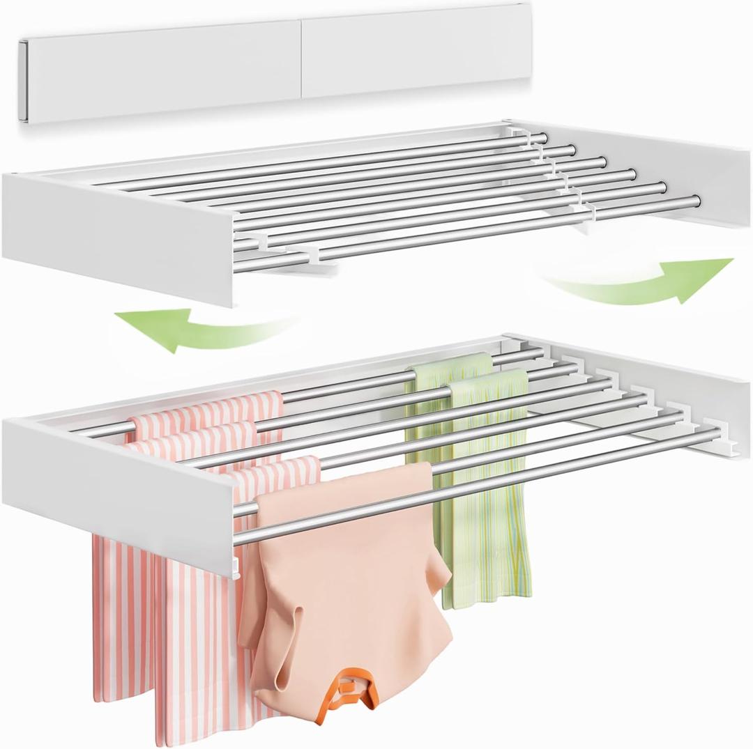 Vikaqi Wall Mounted Clothes Drying Rack 40 inches, Foldable Wall Mount Laundry Rack Folding Indoor, Drying Rack Clothing Collapsible, Hidden Space Saver with Wall Template, 6 Rods, White