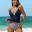 ZAFUL Womens Tankini Swimsuits V Neck Push Up Swim Top Color Block Tummy Control High Waisted Bathing Suits Swim Bottom (Blue, M)