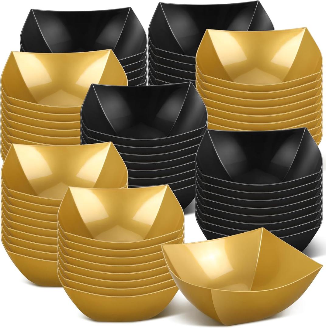 Sliner 100 Pcs Square Plastic Bowls Plastic Serving Bowls Disposable Chip Containers for Parties Snack Fruit Candy Containers for Candy Buffet Salad Bar Buffet Party Supplies (Gold, Black, 8 oz)