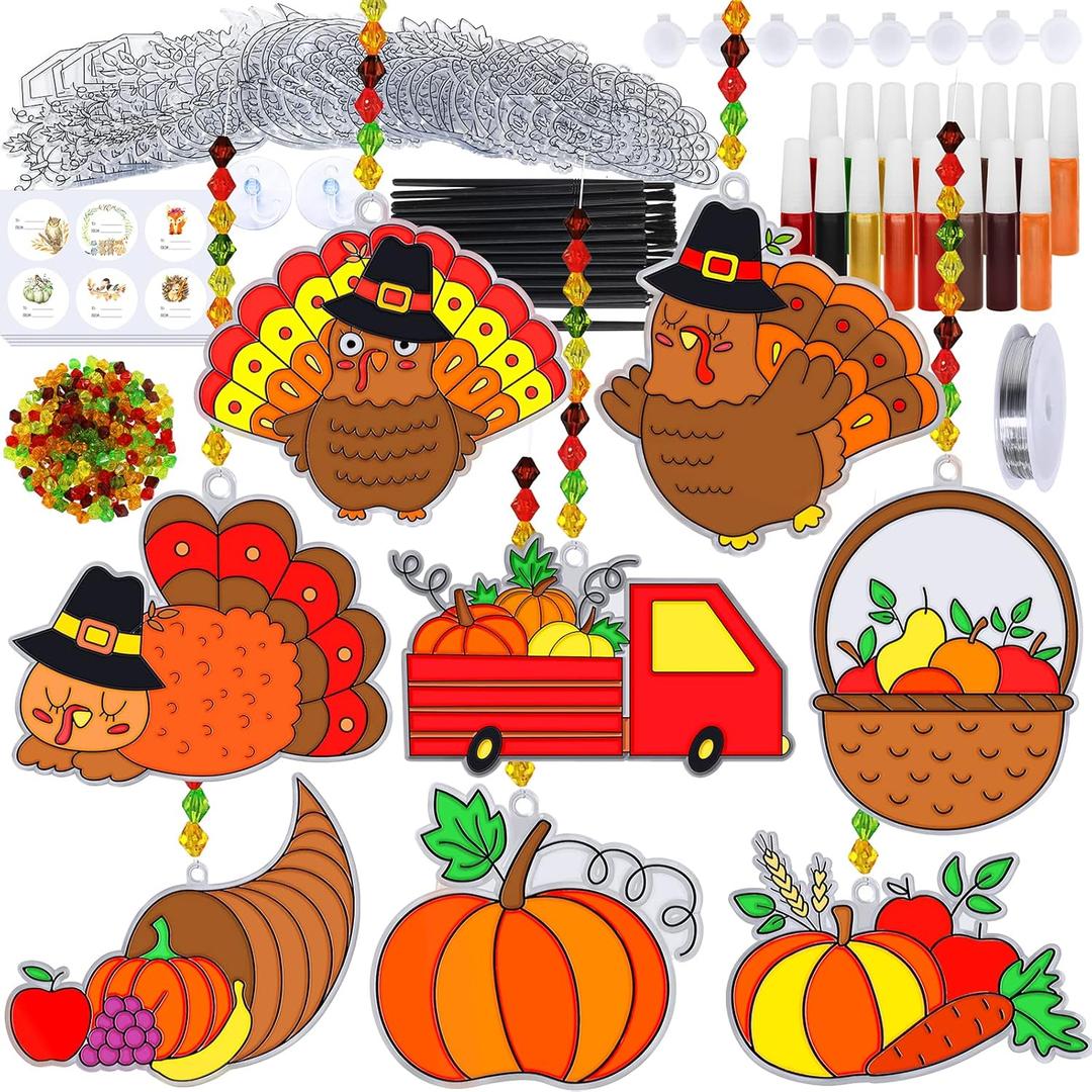 Winlyn 24 Sets Thanksgiving Suncatchers Ornaments Decorations DIY Window Paint Art Suncatchers Craft Kits Turkey Pumpkin Sun Catchers for Kids Classroom Activity Autumn Harvest Party Art Project