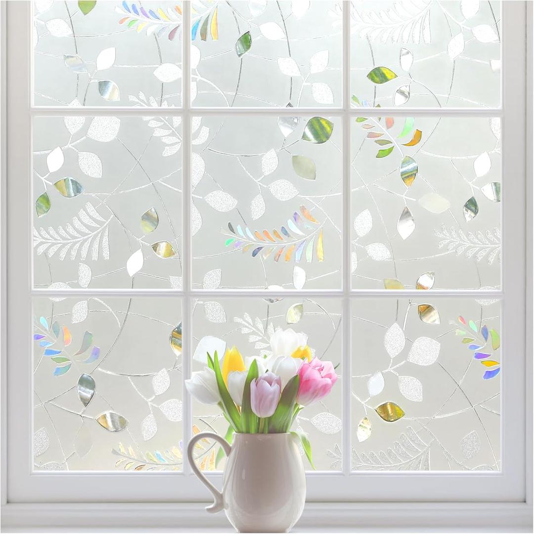 rabbitgoo Window Privacy Film, Frosted Glass Window Film, Stained Glass Removable Decorative Privacy Sticker, Non Adhesive UV Blocking Front Door Covering for Home, 3D Autumn Leaf, 17.5" x 78.7"