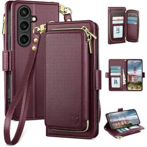 DJBEAR for Samsung Galaxy S26 Wallet Case for Men & Women, All-in-One Flip Folio Cover with 9 Card Slots, Zipper Pocket, Detachable Wrist Strap, Full Body Protection for Samsung S26 Wine Red