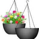 WOUSIWER 13 inch 2Pack Large Hanging Planters for Outdoor Indoor Plants with Drainage Holes and Chain, Round Hanging Flower Pots for Garden Home Porch Decor, Black