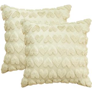 AVOIN colorlife Valentine's Day Love Heart Throw Pillow Cover Set of 2, 18 x 18 Inch Beige Soft Plush Faux Fur Jacquard Modern Farmhouse Home Living Room Decor Cushion Case Decoration for Sofa Couch