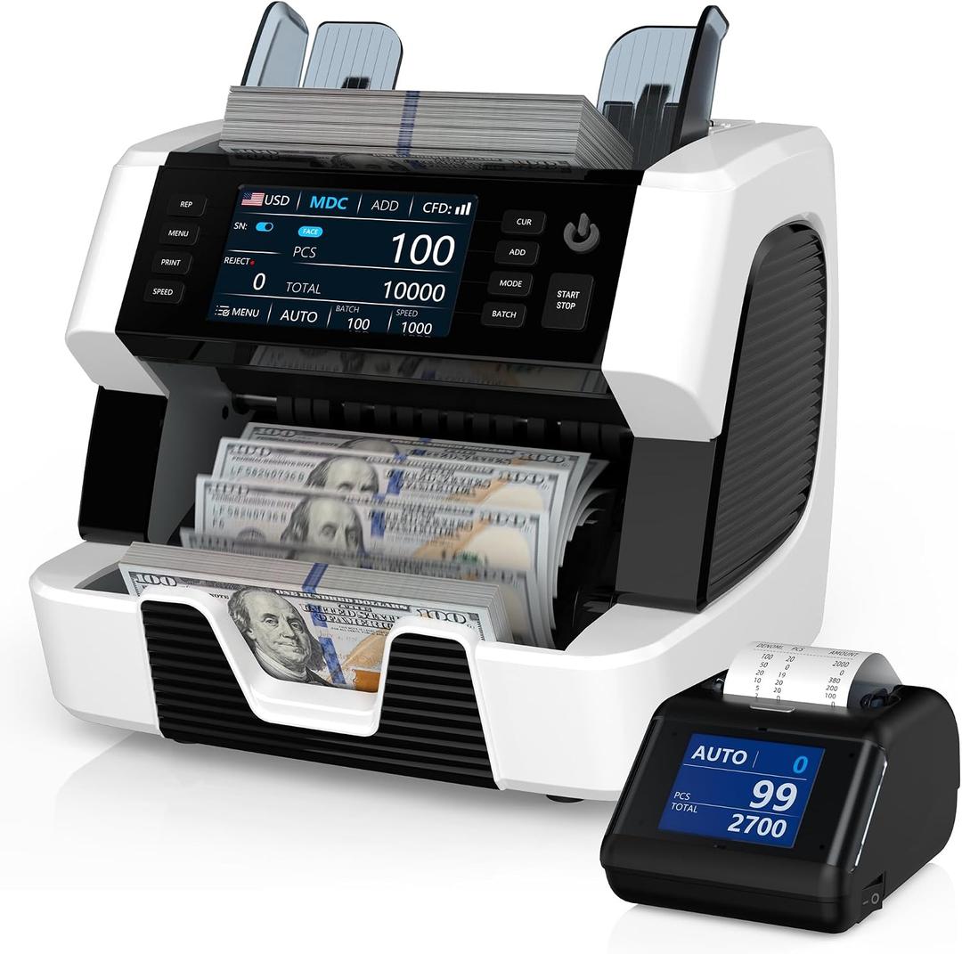 PONNOR Money Counter Machine Mixed Denomination, Serial Number, Multi Currency 2CIS/UV/IR/MG/MT Counterfeit Detection Bill Counter, Cash Counter Machine Value Counting for Business with Printer, Medium