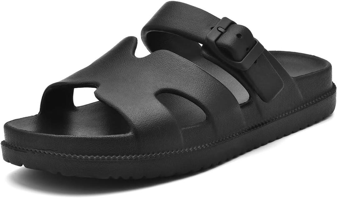 Women's Flat Sandals with Arch Support, Summer Beach Slides Adjustable Buckle, Comfort Lightweight Cushion Slip on H-Strap Sandal (7, Black)