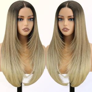 NOSTALGIA Ombre Blonde Wear and Go Glueless Wigs Pre Plucked Pre Cut for Beginners Synthetic Lace Front Wigs With Bangs Blonde Long Layered Straight Wigs