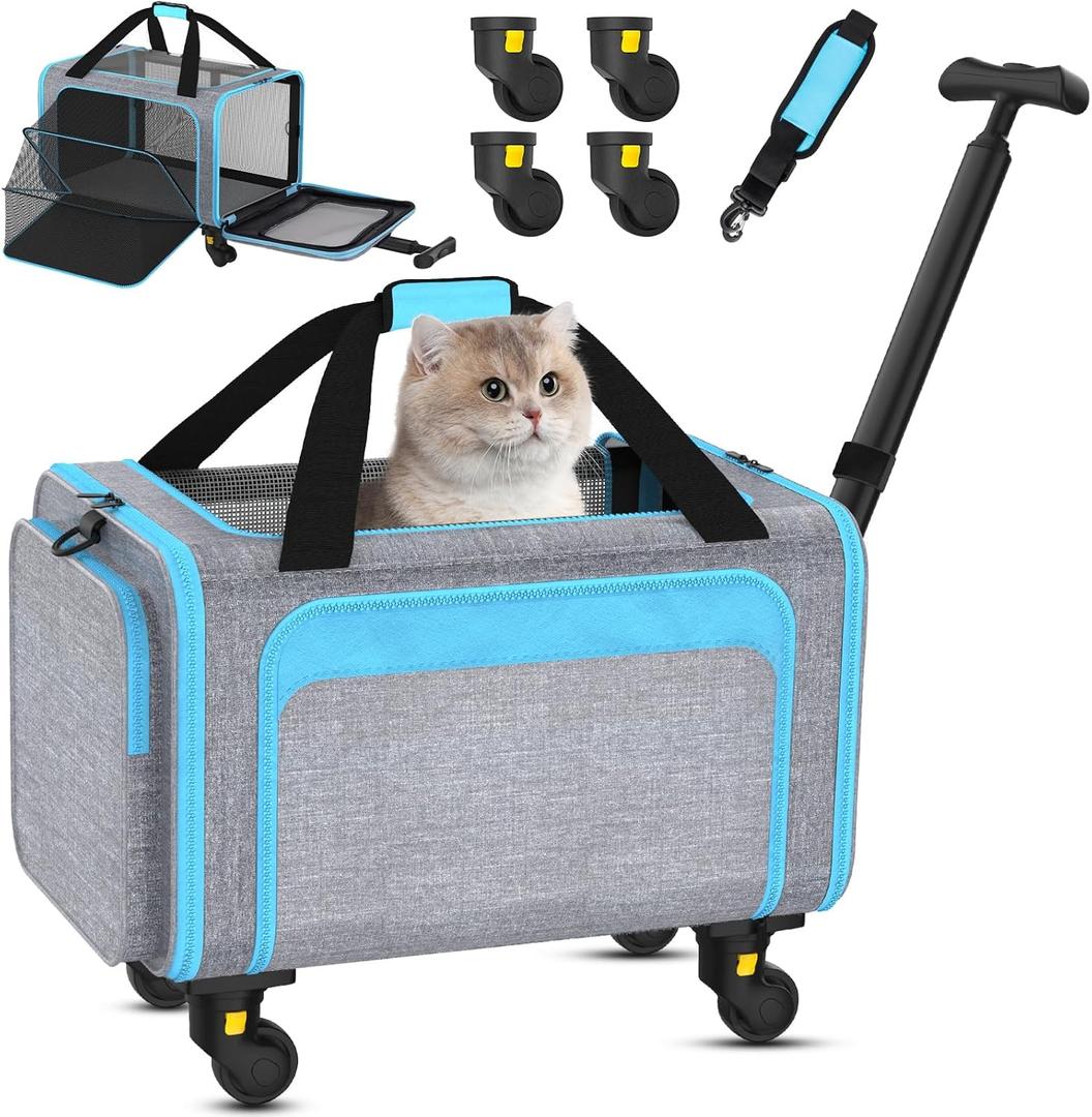 3-in-1 Upgraded Pet Carrier With Wheels, Airline Approved Pet Carrier for Small medium Cats Up to 15Lbs, Newly Designed Removable Handle and Wheels, Soft-Sided Cat Bag for Flying, Travelling & Camping