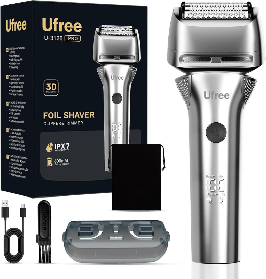 Ufree Foil Shaver with Pop-Up Trimmer, 8,500 RPM Electric Razor for Men, Wet & Dry Electric Shaver with 2 Speed Modes, LED Display, Rechargeable Cordless, IPX7 Waterproof, Silver