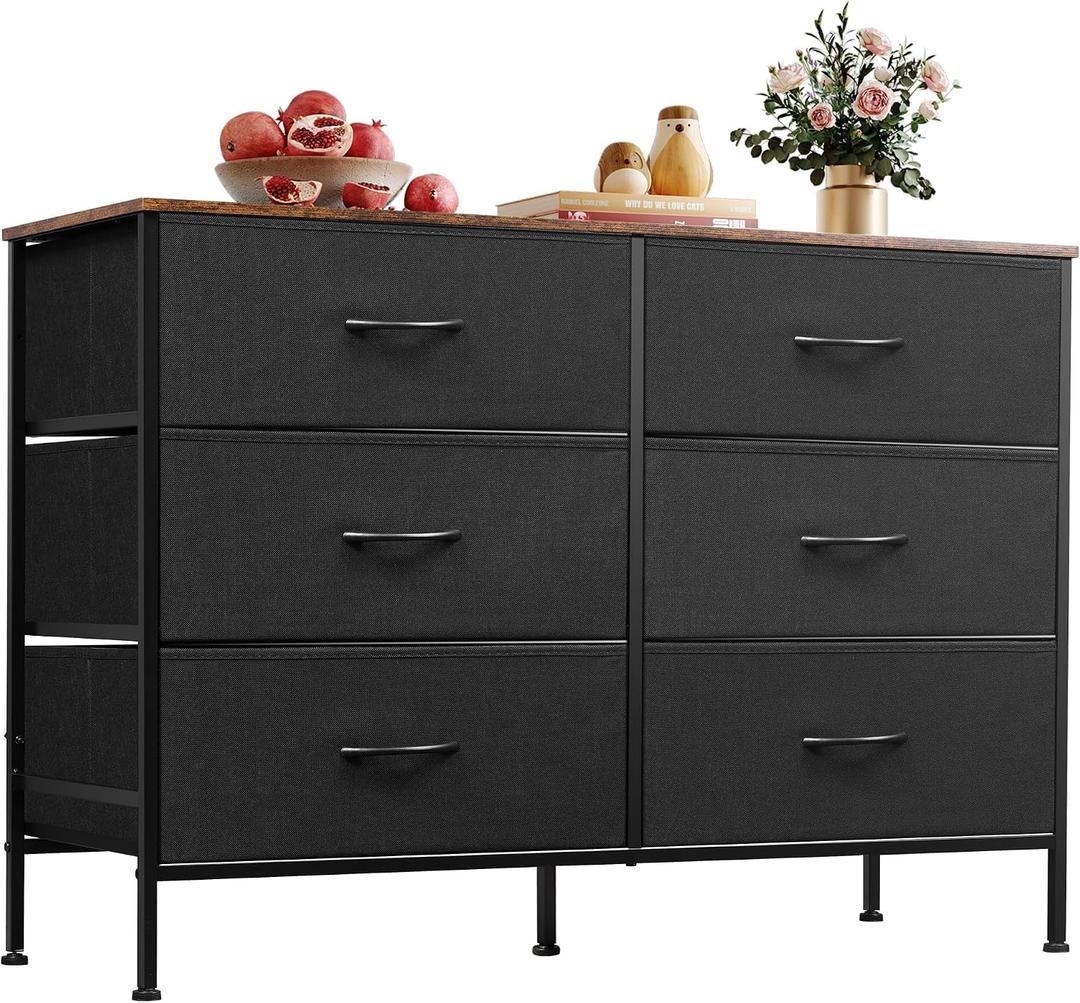 WLIVE Black Dresser for Bedroom with 6 Drawers, Dresser TV Stand for 50 Inches TV with Metal Frame, Wooden Top, Fabric Dresser for Closet, Hallway, Entryway, Black and Rustic Brown