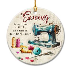 Sewing Machine Christmas Ornament 2025, Quilting Ornaments - Seamstress Gifts for Sewing Enthusiasts, Lovers, Sewers, Quilters Grandma, Mom - Round Ceramic Holiday Keepsake, Pack of 2