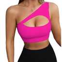 SHENHE Women's One Shoulder Cut Out Sports Bra Workout Gym Yoga Crop Tops Hot Pink, Medium