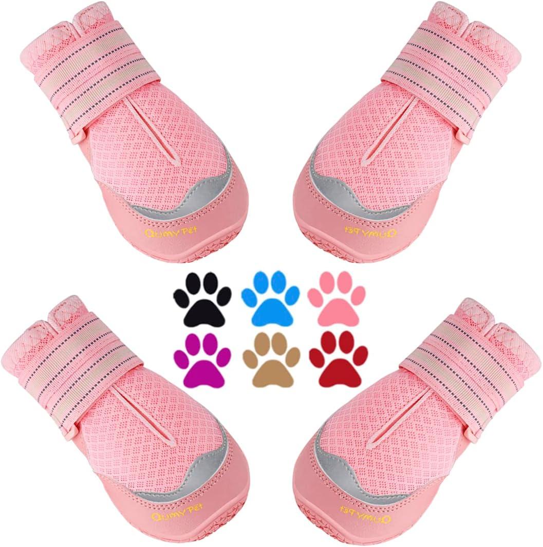 QUMY 4PCS Dog Boots for Large Dogs, Medium Dog Shoes & Paw Protectors for Hot Pavement, Summer Heat Protection, Mesh Breathable Nonslip Dog Booties for Hardfloors, Walking Running Hiking Pink Size 7