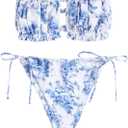 ZAFUL Women 2 Piece Strapless Bikini Swimsuits Ruffle Ribbed Self Tie Bandeau Bikini Set High Cut String Bathing Suits (Medium, 2-blue Floral)