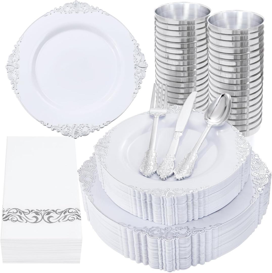 Nervure 350PCS Silver Plastic Dinnerware - White and Silver Disposable Plates for 50 Guests - 100 Disposable Plates, 150 Plastic Silverware, 50 Cups, 50 Napkins for Wedding & Party