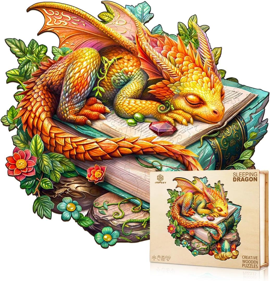 Jigfoxy Wooden Puzzle for Adults, Sleeping Dragon Wooden Jigsaw Puzzles for Adult, Unique Animal Shape Wood Cut Puzzles, Christmas Thanksgiving Gifts for Friends Family (M-11.4 * 10.9in-200pcs)