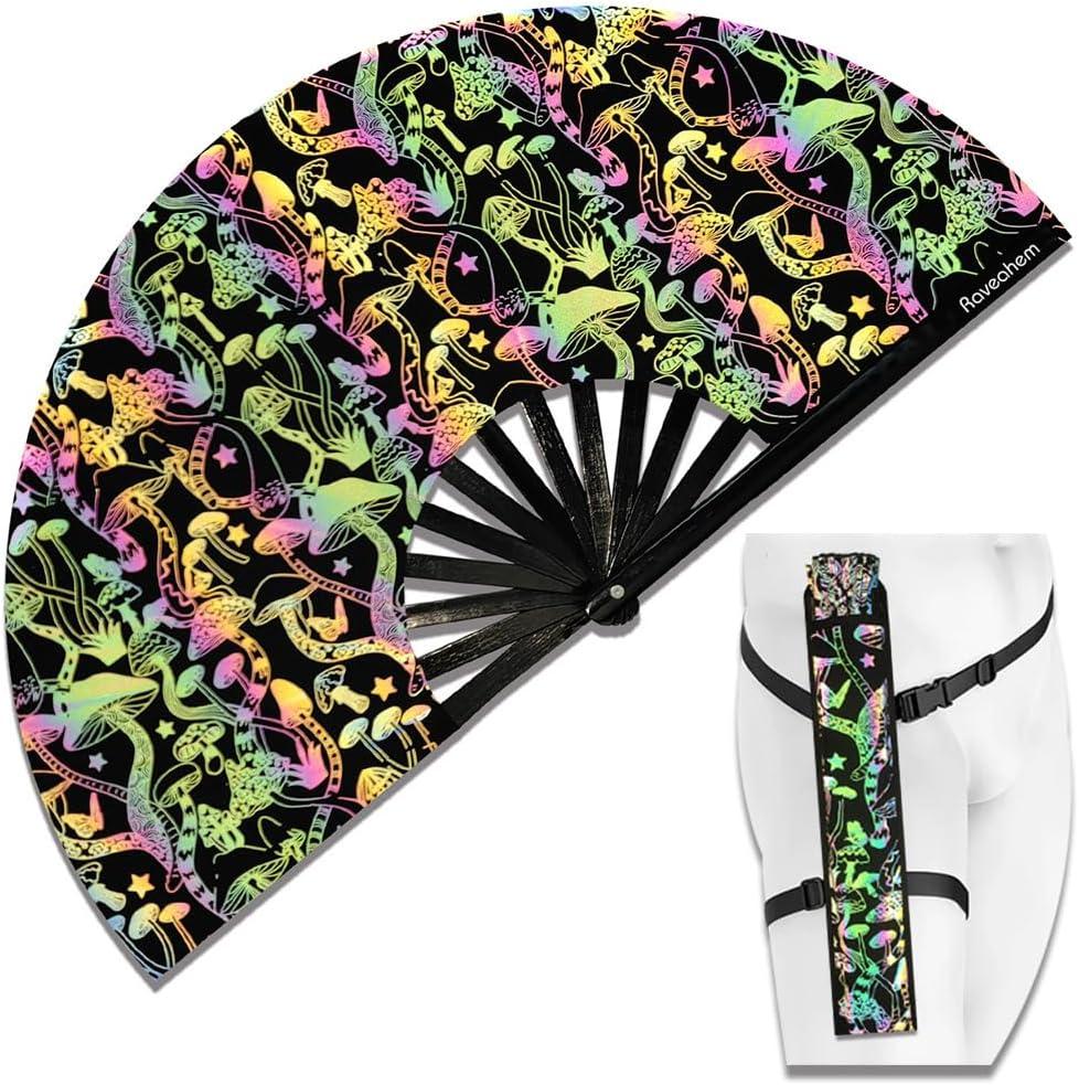 Lridescent Holographic Large Rave Bamboo Folding Clack Hand Fan With Holster for Men/Women Handheld Fan for EDM,Music Festival,Club,Freaky,Party,Dance,Performance,Decoration,Gift