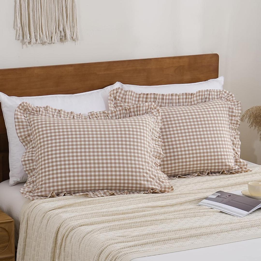 Tan Gingham Ruffle Pillow Cases 100% Washed Cotton Like Linen Feel Soft Comfy Standard Size Plaid Checkered Cute Fall Bedding Pillow Cover Shams Set of 2 Pack (20x26 Inches, Envelope Closure)